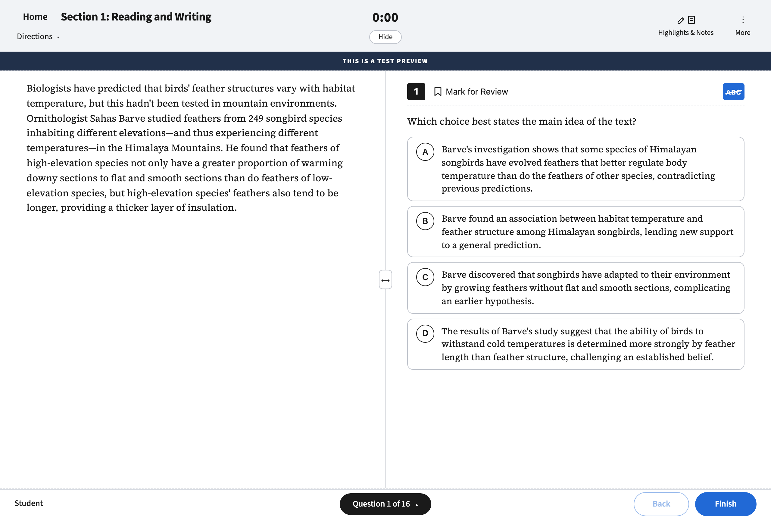 The Bluebook two-column Reading and Writing screen from the adaptive diagnostic — passage on the left, question on the right